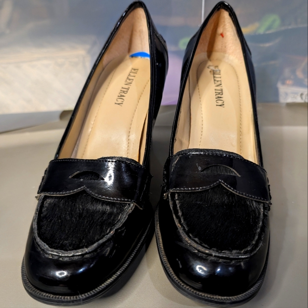 Ellen Tracy‎ 7.5 calf hyde toe patent leather penny loafer pumps 3" block heel